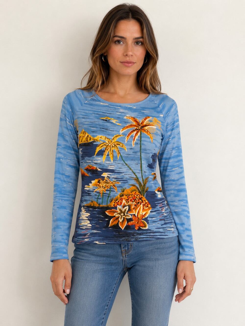 Vintage 90s KENZO Jeans Beaded Sequin Tropical Palm Print Top SIZE L